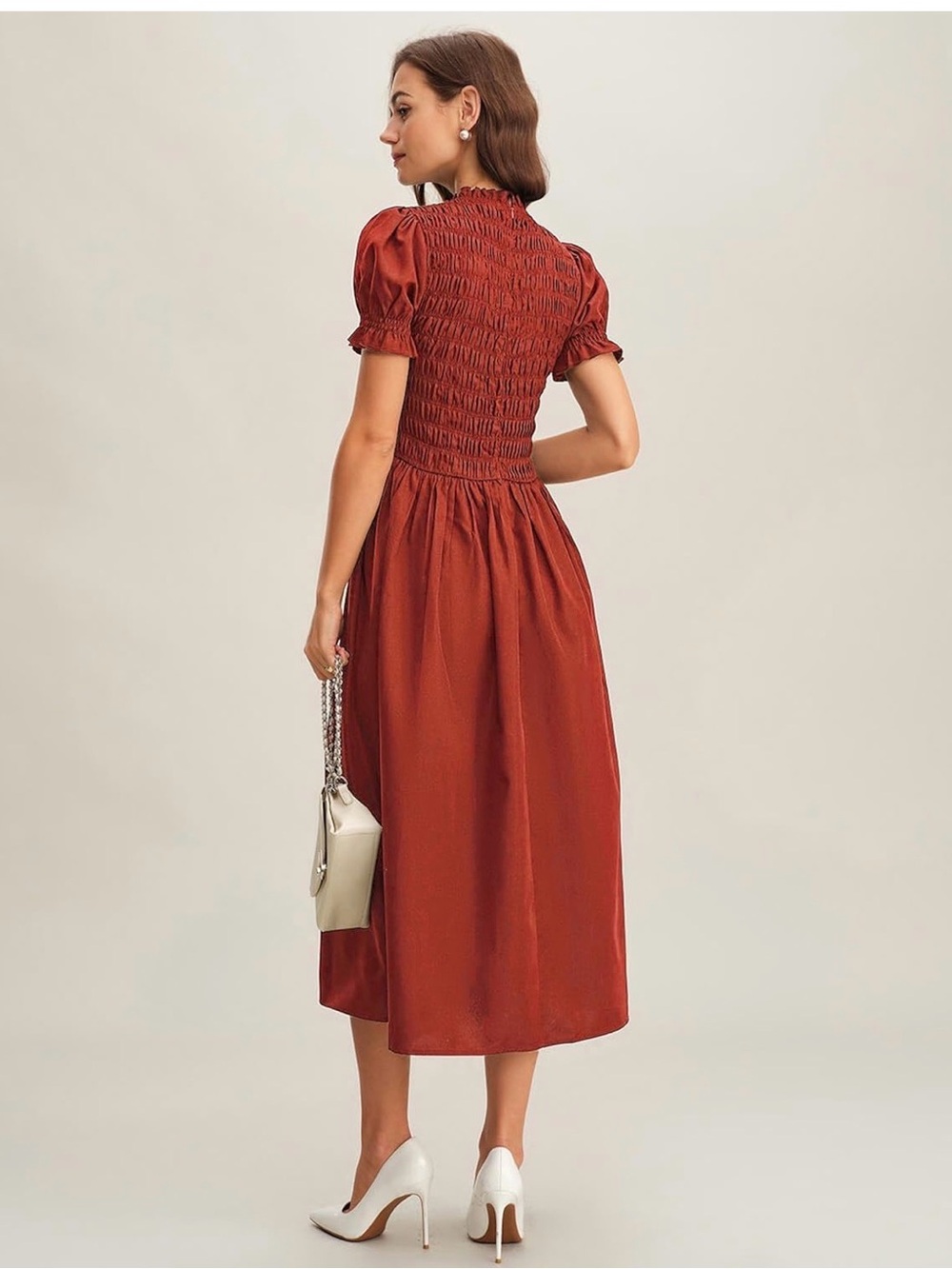 Red Puffed Sleeve Shirred A-
Line Midi Dress - Picture 3 of 7